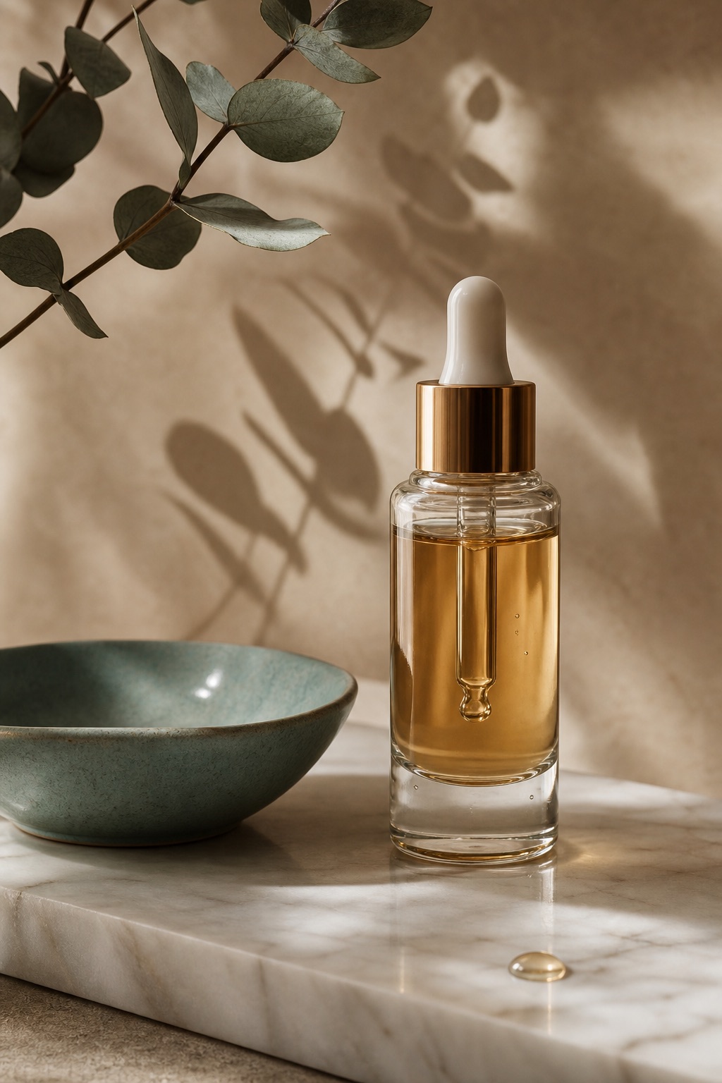 A glass serum dropper on marble beside eucalyptus