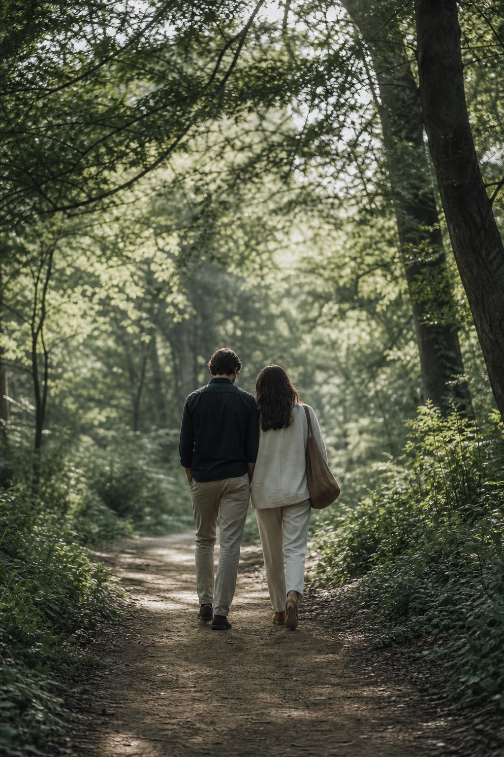 A couple walking a quiet forest path together